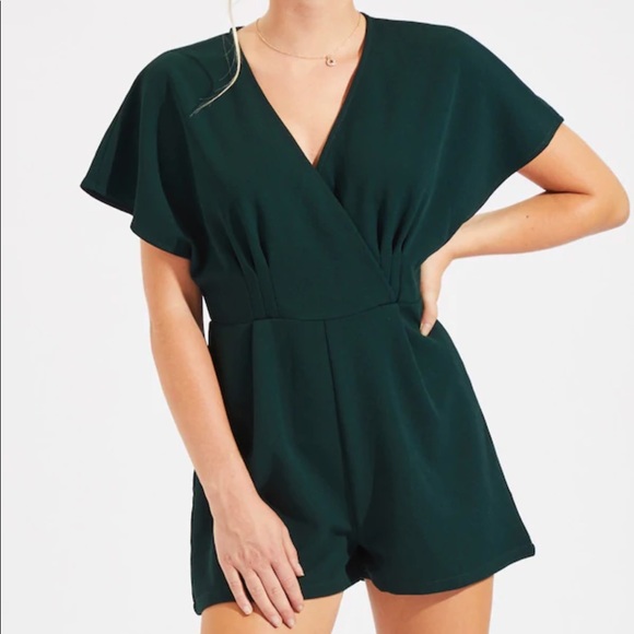 amourOC Pants - V Neck Short Jumpsuit Jumper Romper Green